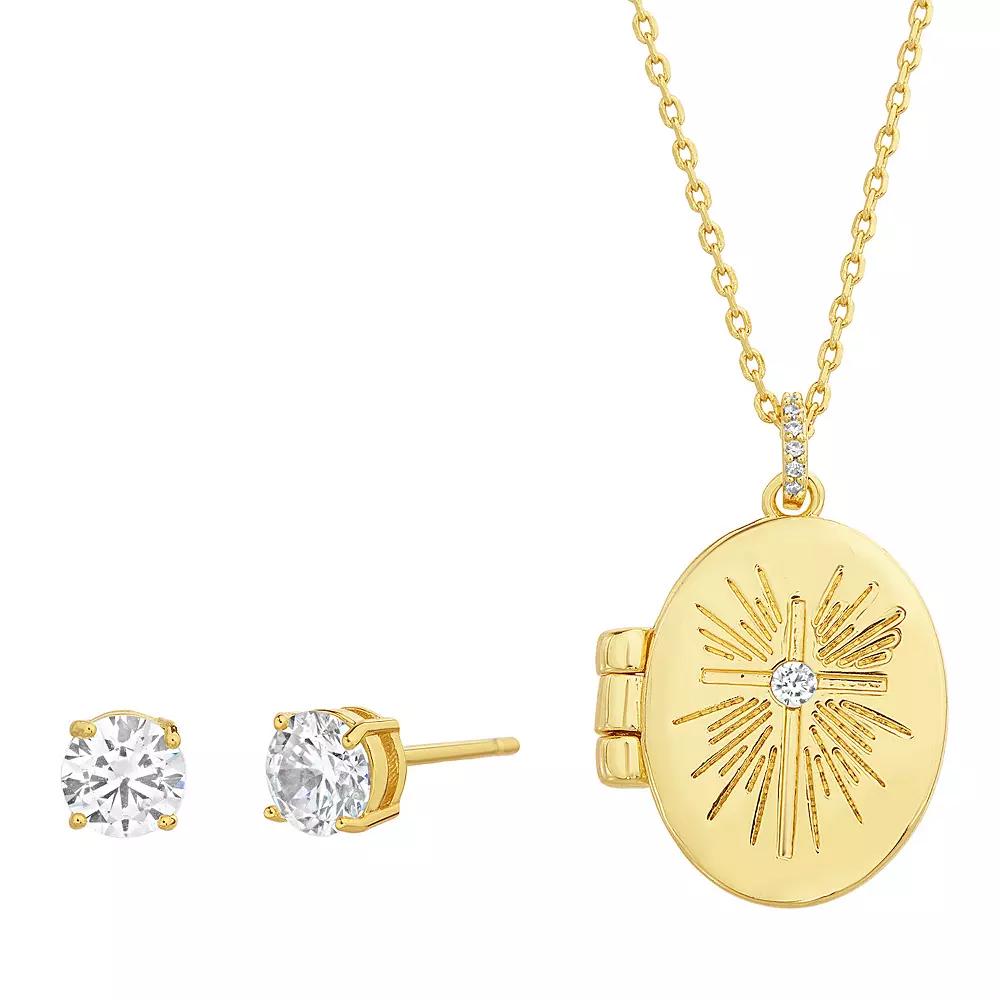 Guided by Faith 14k Gold Plated Cross Locket Necklace & Cubic Zirconia Stud Earring Set, Women's, Size: 18", Gold Tone Product Image