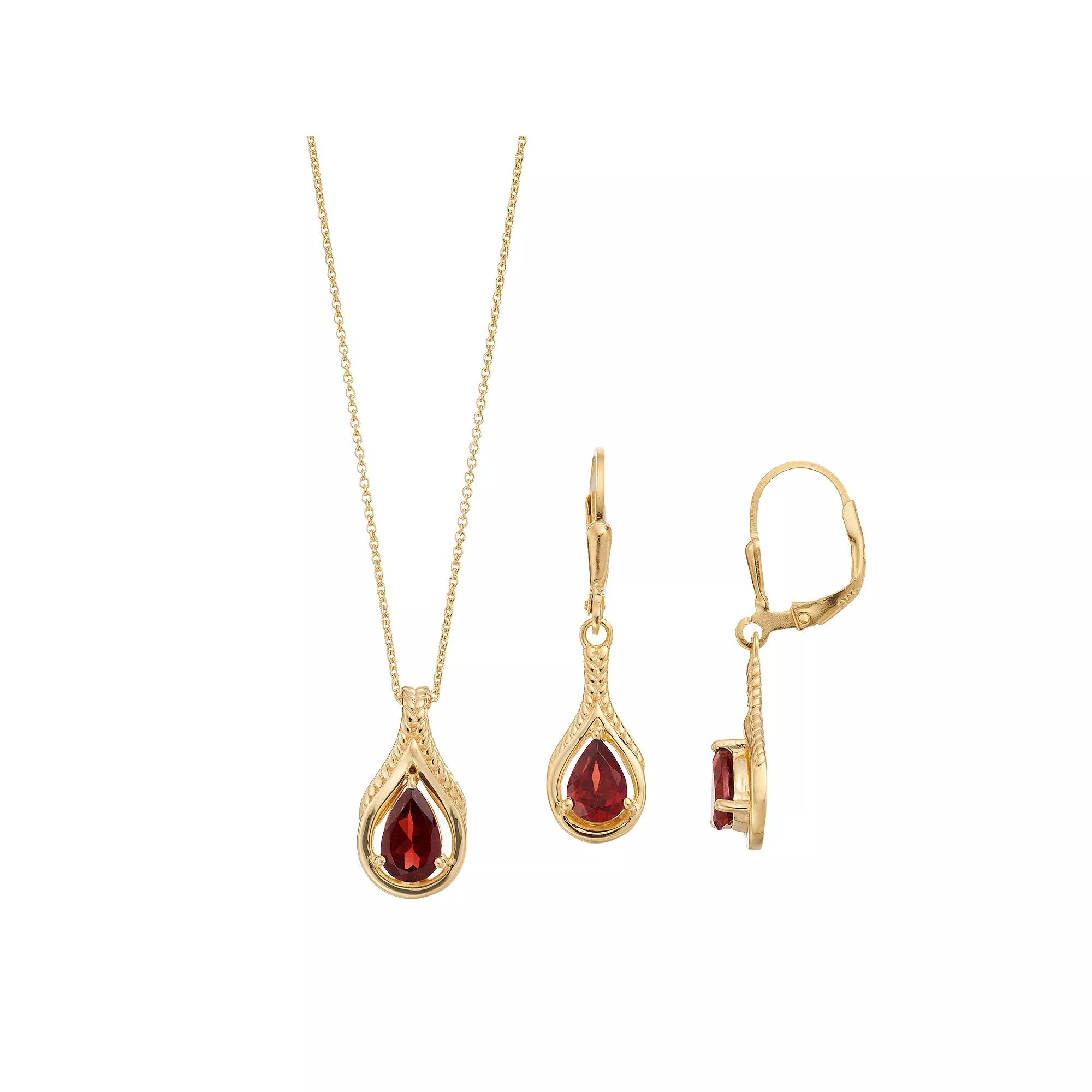 14k Gold Over Sterling Silver Garnet Pear Drop Earring & Pendant Necklace Set, Women's, Gold Tone Product Image