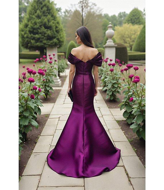 Terani Couture Off-The-Shoulder Ruched Bodice With Beading Mikado Mermaid Gown Product Image