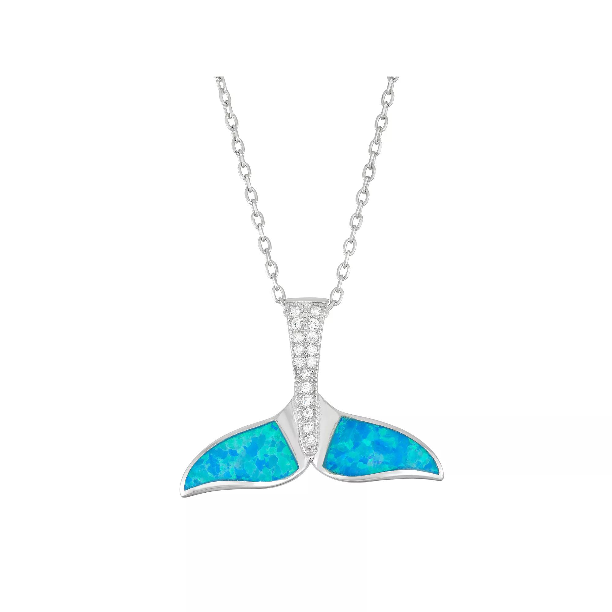 Sterling Silver Lab-Created Blue Opal & Cubic Zirconia Whale Tail Pendant Necklace, Women's, Size: 18" Product Image