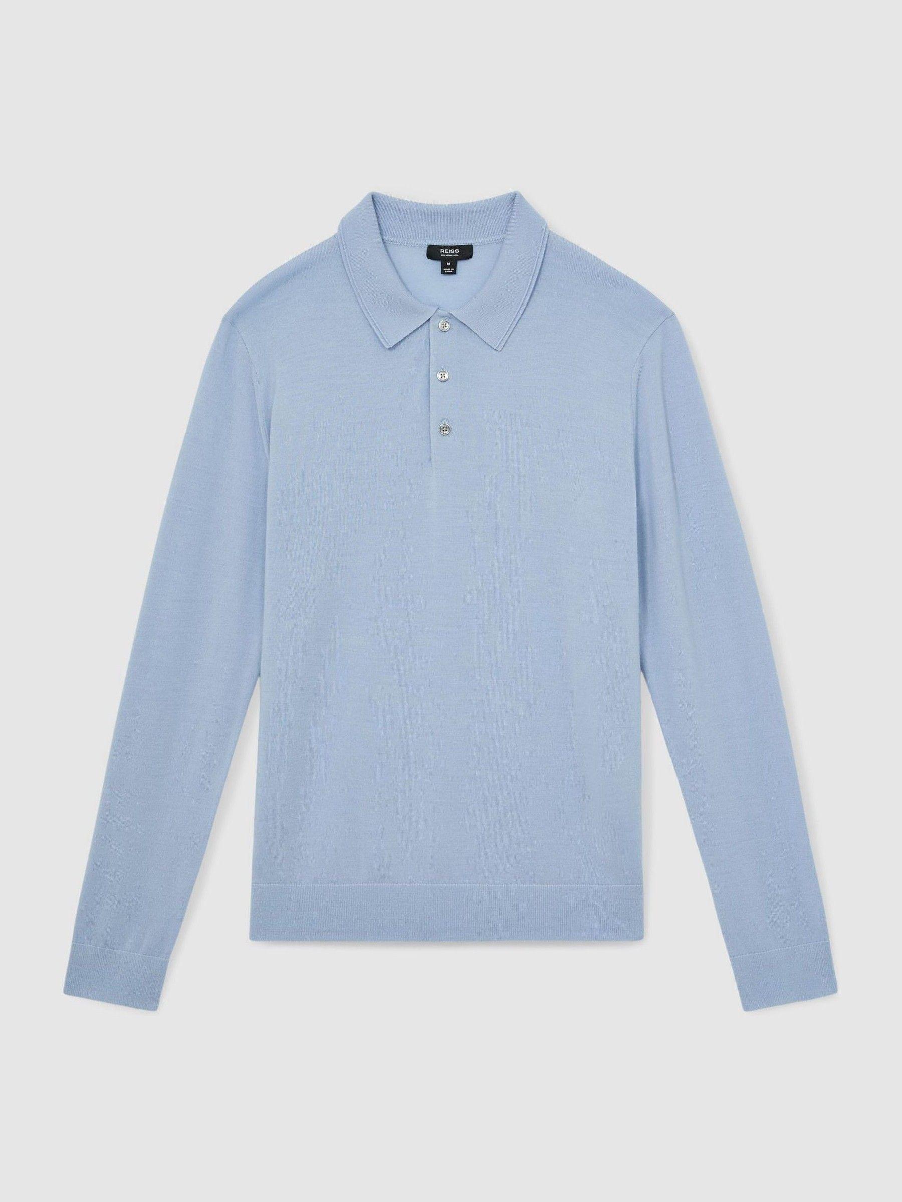 Merino Wool Long Sleeve Polo Shirt in Soft Blue Product Image