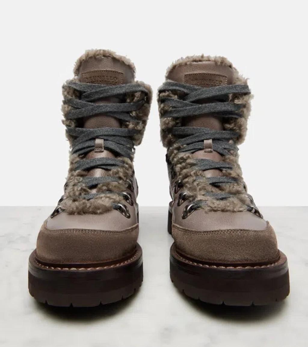 BRUNELLO CUCINELLI Bead-embellished Shearling-trimmed Leather Ankle Boots In Multi Product Image