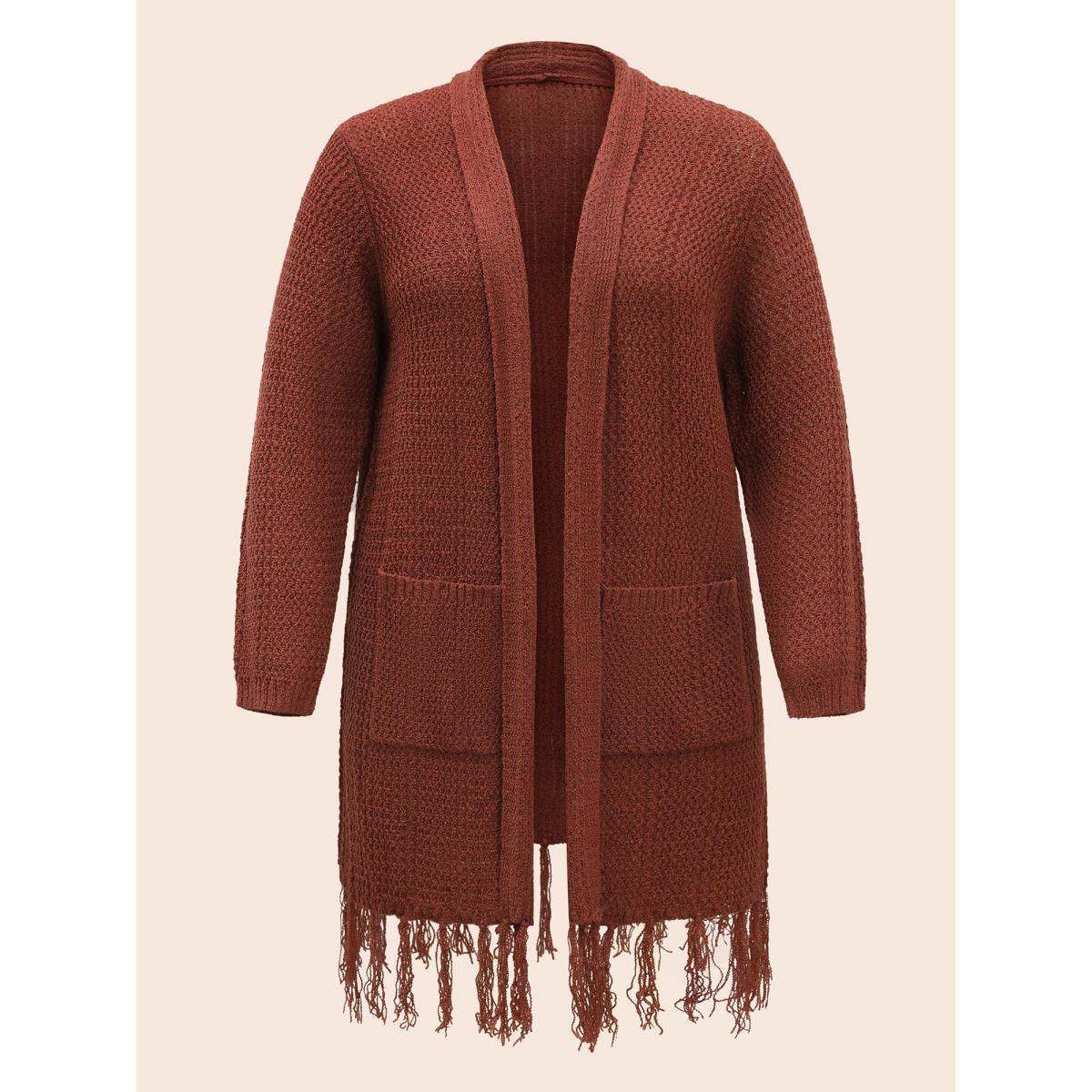 Plus Size Solid Tassel Trim Patched Pocket Cardigan Russet Women Resort Loose Long Sleeve Vacation Cardigans BloomChic 18-20/2X Product Image