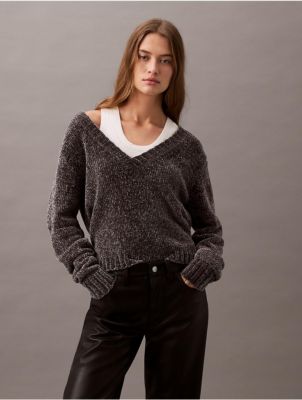 Calvin Klein Womens Chenille Relaxed V-Neck Sweater - Brown Product Image