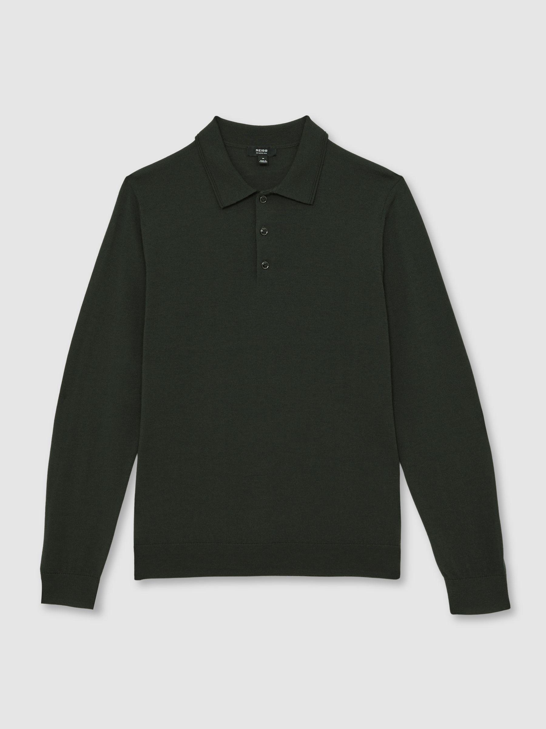 Merino Wool Long-Sleeve Polo Shirt in Dark Military Green Product Image