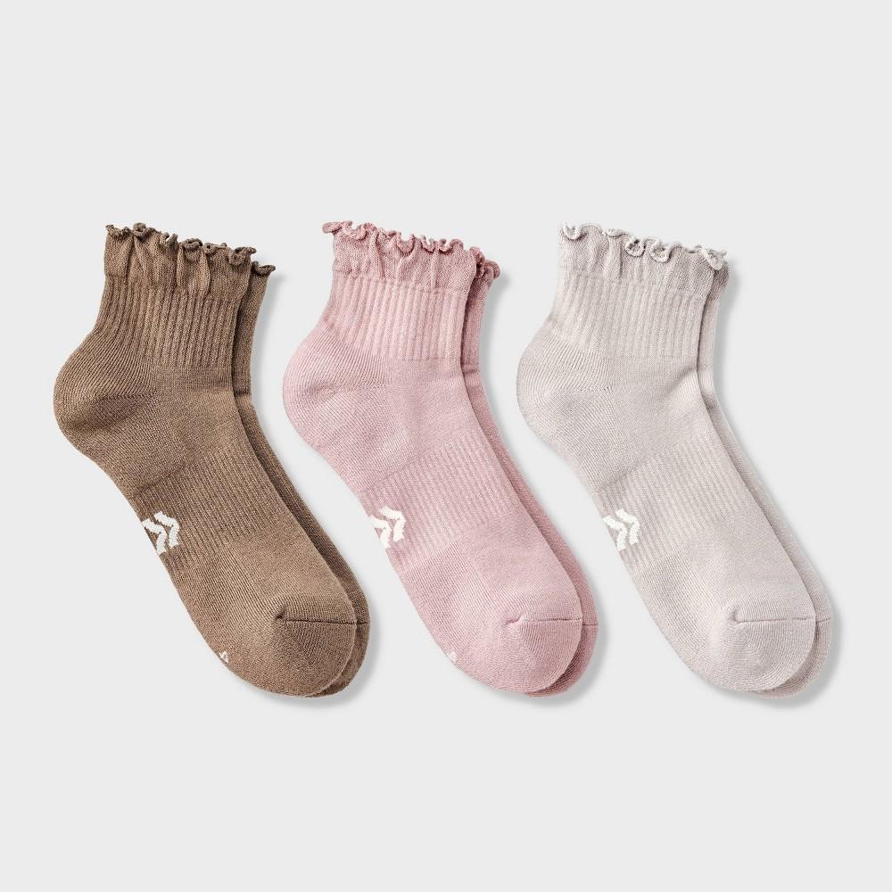 Women's Cushioned Ruffle 3pk Ankle Socks - All In Motion™ Beige/Gray/Tan 4-10: Arch Support, Knit Product Image