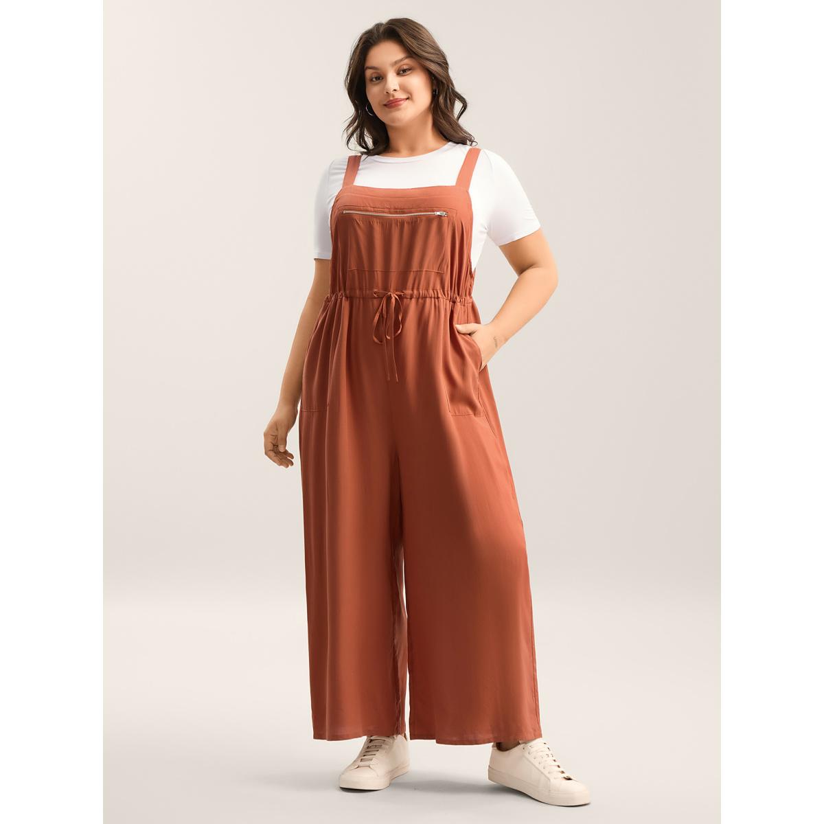 Plus Size Rust Rayon Adjustable Zipper Tie Jumpsuit Women Sleeveless Non Everyday-Casual Loose Jumpsuits BloomChic 18-20/2X Product Image