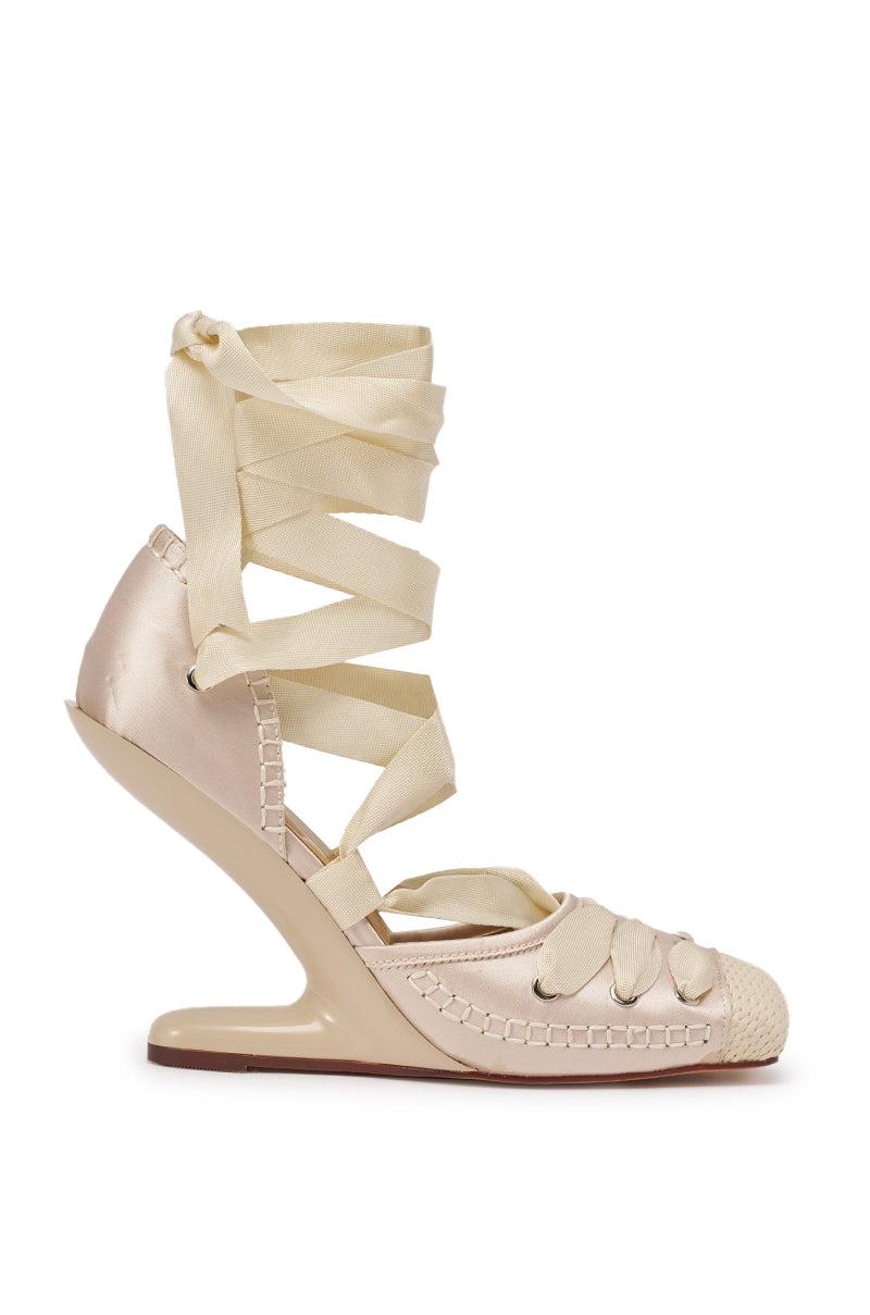 AKIRA GOLD TENDU IVORY BALLET LACE UP NOVELTY HEEL PUMP Product Image