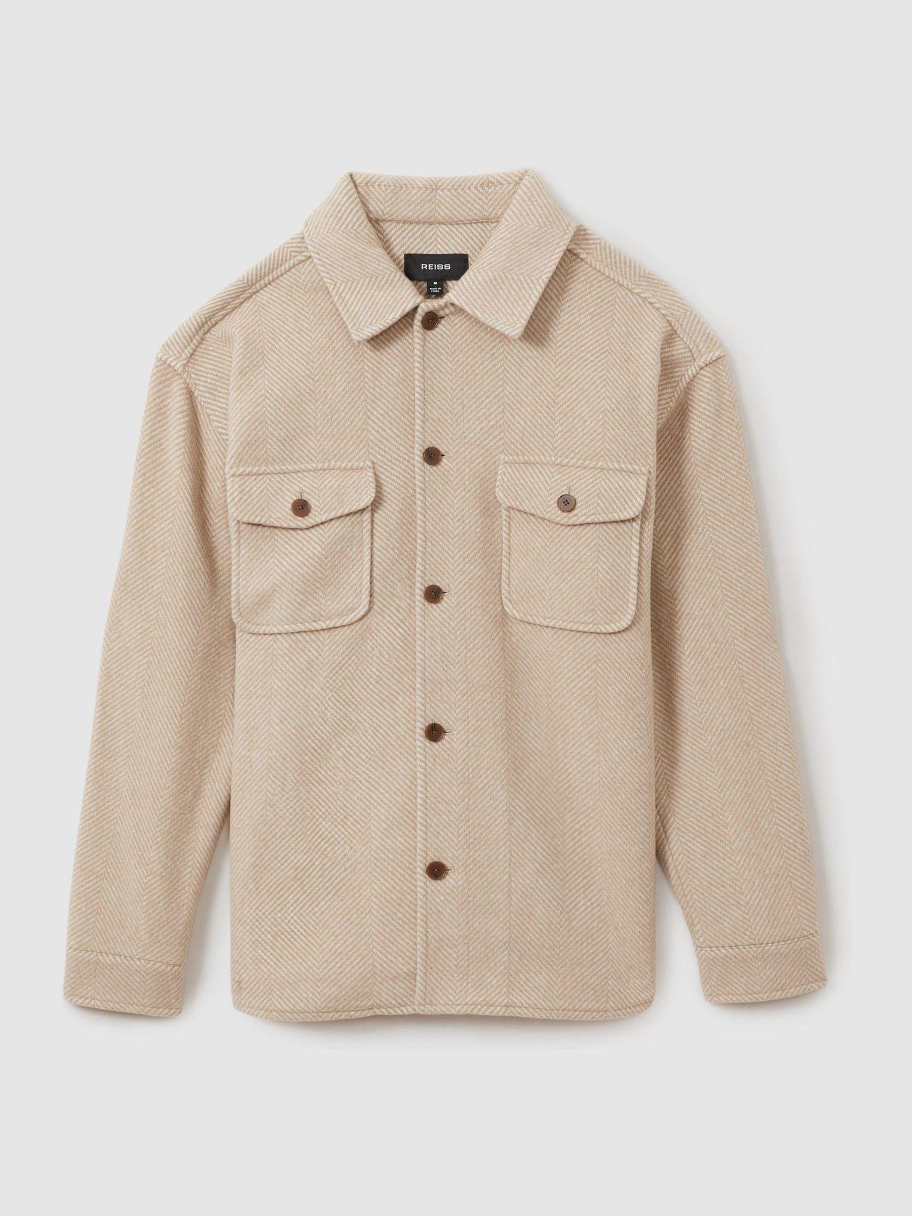 Wool Blend Herringbone Twill Overshirt in Oatmeal Product Image