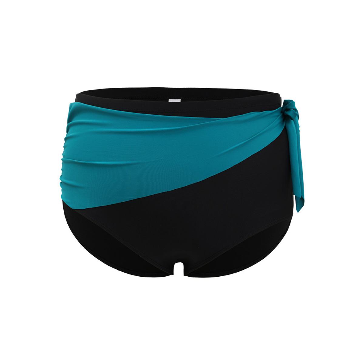 Plus Size Two Tone Knot Side Bikini Bottom Women's Swimwear Black Vacation Gathered High stretch Skinny High Rise Curve Swim Bottoms BloomChic 12/L Product Image