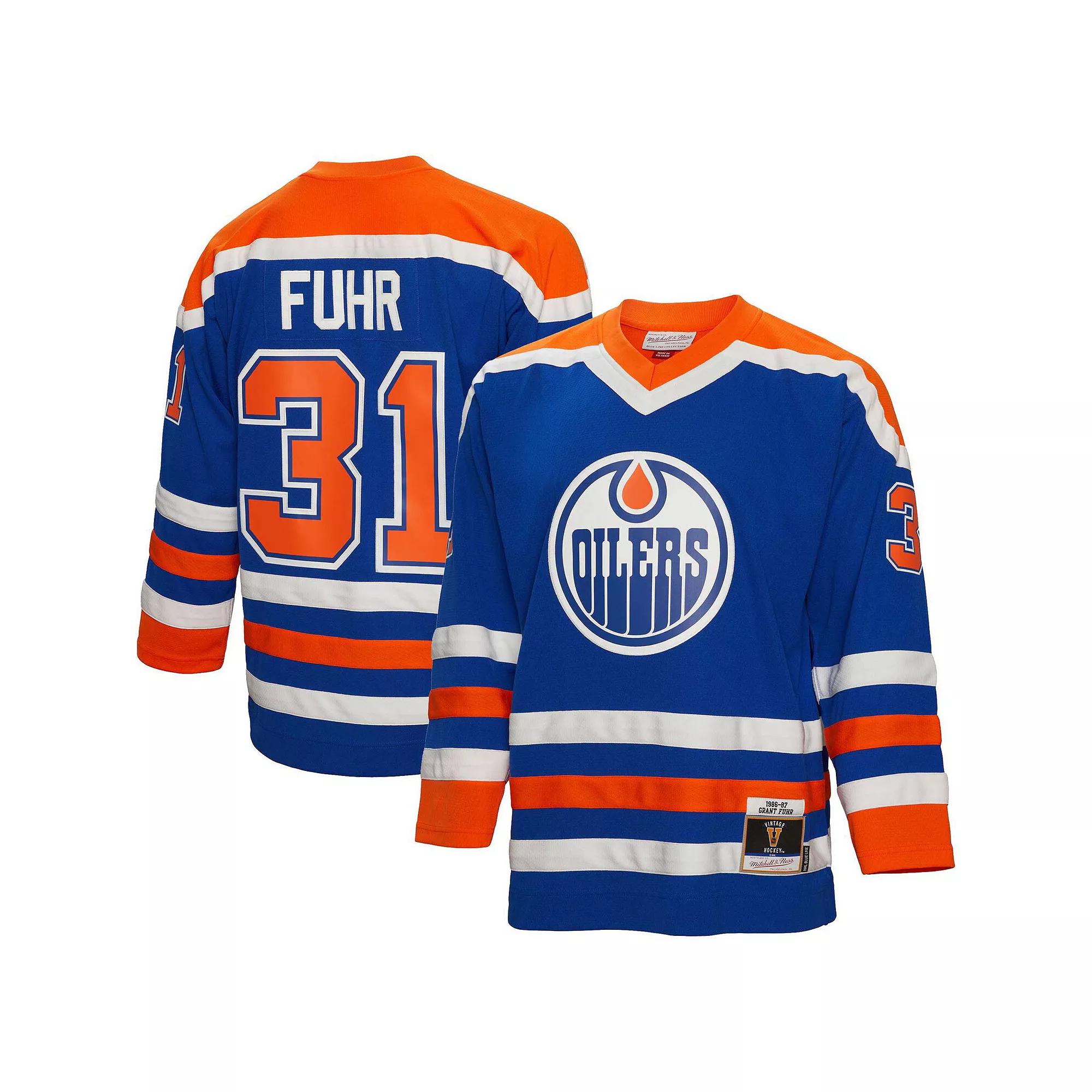 Men's Mitchell & Ness Grant Fuhr Royal Edmonton Oilers 1986 Blue Line Player Jersey, Size: Small, Oil Blue Product Image