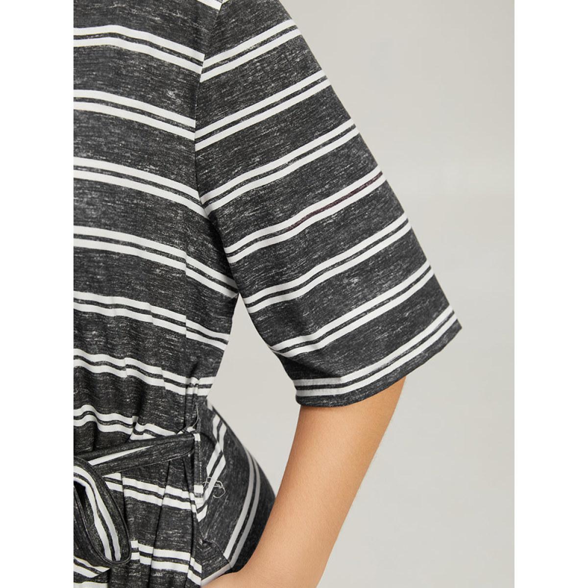 Plus Size Striped V Neck Pocket Belted Back Cut Out Dress Black Women Casual Belted V-neck Half Sleeve Curvy Midi Dress BloomChic 14-16/1X Product Image