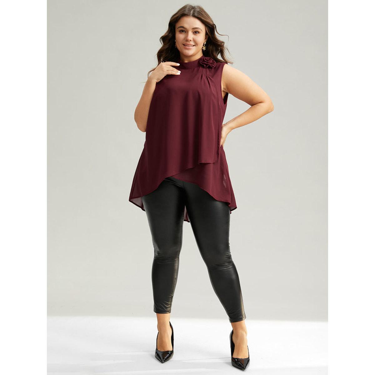 Plus Size Rose Detail Layered High Low Hem Chiffon Tank Top Women Burgundy Casual Plain Mock Neck Festival-Christmas Tank Tops Camis BloomChic 18-20/2X Product Image