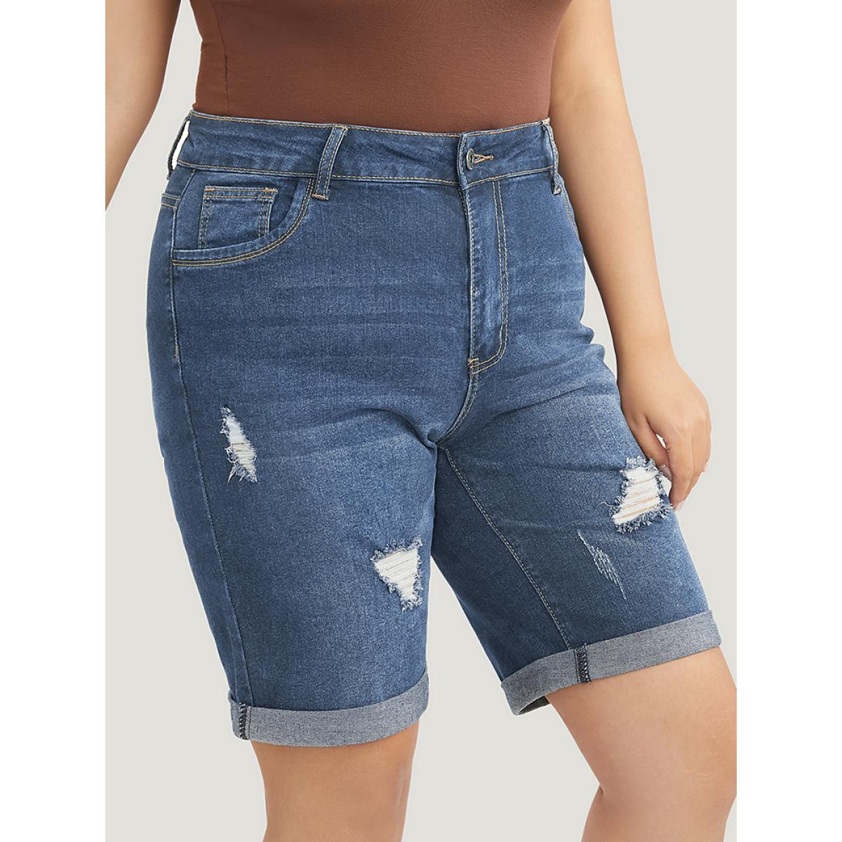 Plus Size Slightly Stretchy High Rise Dark Wash Distressed Denim Shorts Women Stone Casual Plain Distressed Low stretch Pocket Jeans BloomChic 30/6X Product Image