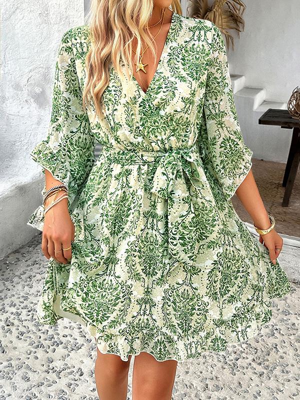 Flared Sleeves Half Sleeves Flower Print Ruffle Trim Split-Joint Tied Waist V-Neck Mini Dresses Product Image
