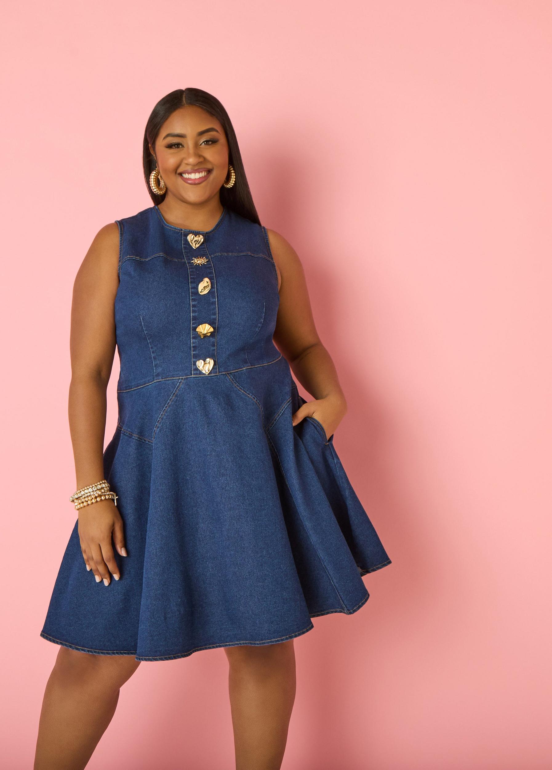 Button Embellished Denim Dress Product Image