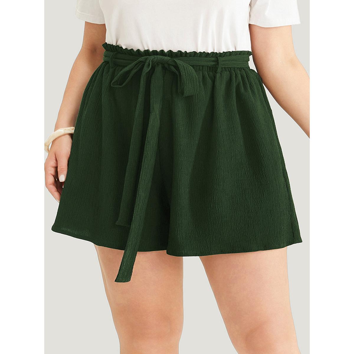 Plus Size Plain Paperbag Waist Ruffle Trim Belt Shorts Women ArmyGreen Casual Belted Dailywear Shorts BloomChic 26/4X Product Image