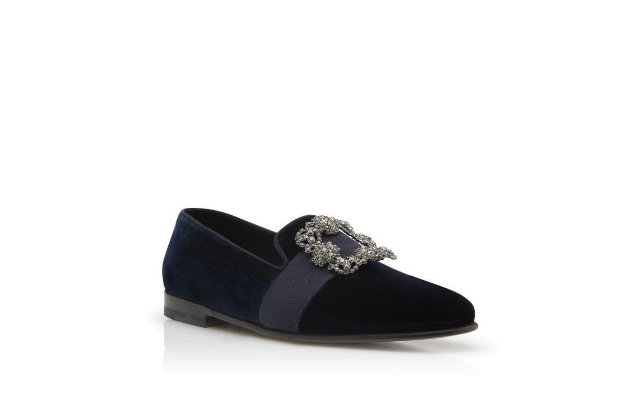 CARLTON Navy Blue Velvet Jewelled Buckle Loafers Product Image
