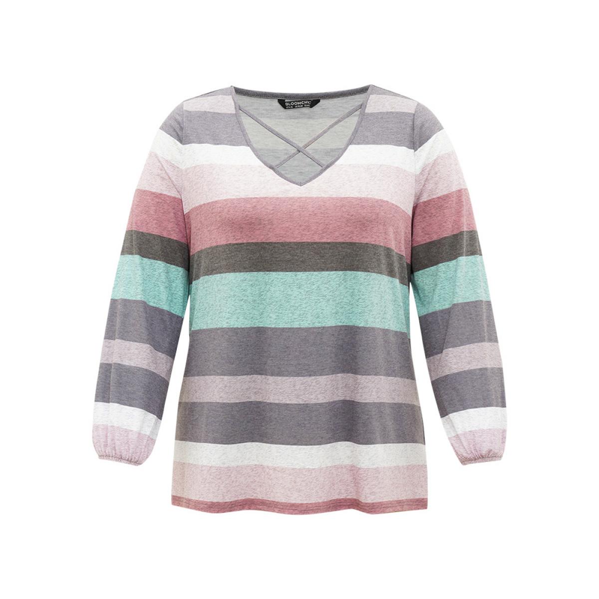 Plus Size Colour Striped Contrast Crisscross Lantern Sleeve T-shirt Multicolor Women Casual Elastic cuffs Striped V-neck Dailywear T-shirts BloomChic 18-20/2X Product Image