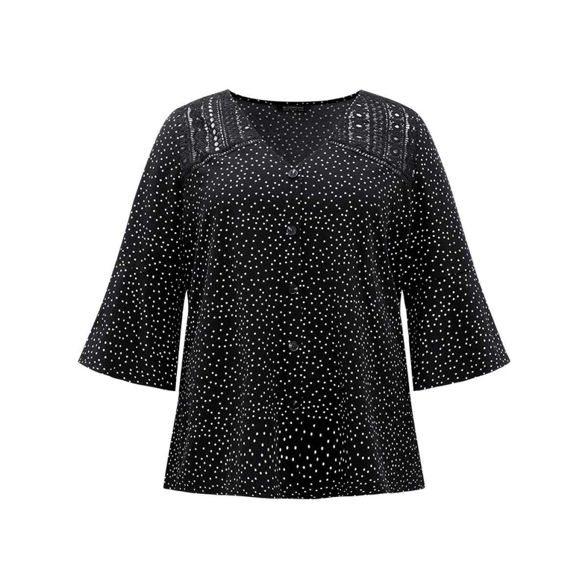 Plus Size Black Polka Dot Crochet Lace Button Detail Blouse Women Elegant Elbow-length sleeve V-neck Dailywear Blouses BloomChic 14-16/1X Product Image