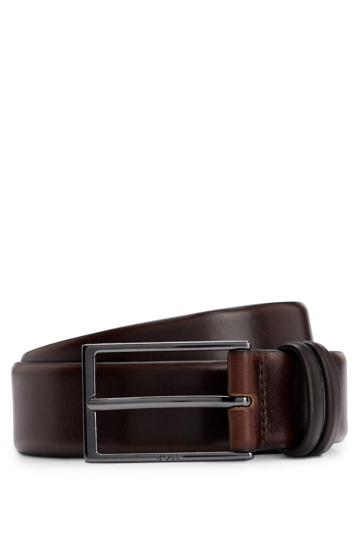 BOSS - Vegetable-tanned leather belt with gunmetal hardware - Dark Brown Product Image