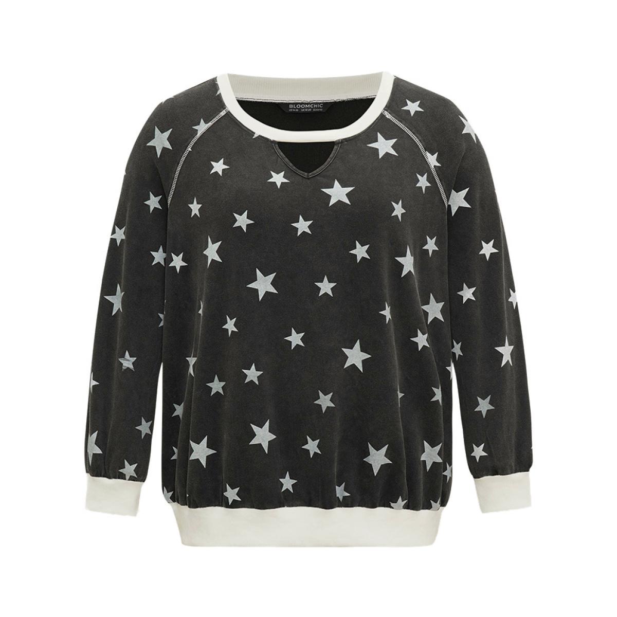 Plus Size Star Print Keyhole Rib Knit Hem Sweatshirt Women Black Casual Elastic cuffs Keyhole Cut-Out Dailywear Sweatshirts BloomChic 22-24/3X Product Image