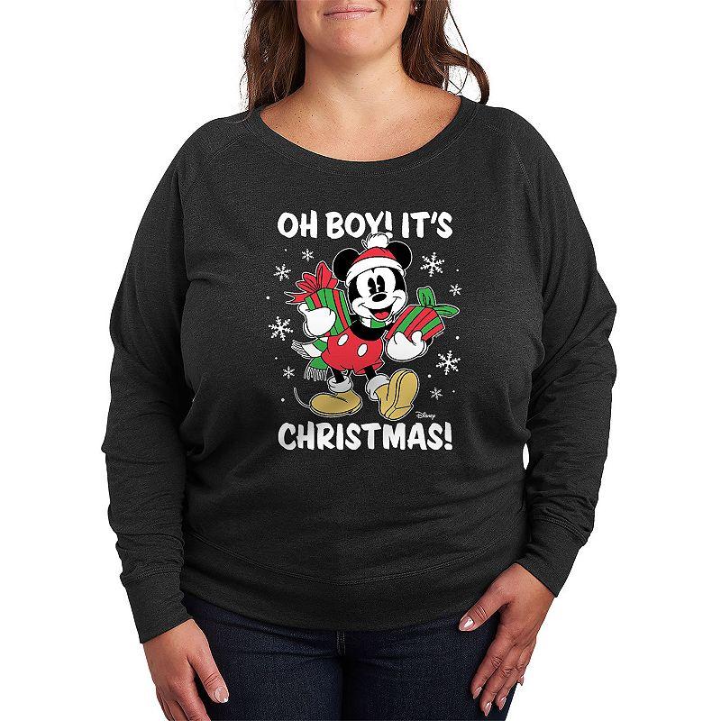 Disneys Mickey Mouse Plus Size Oh Boy Its Christmas French Terry Long Sleeve Tee, Womens Grey Heather Product Image