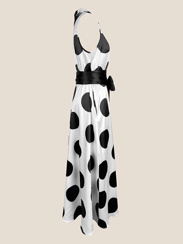 A-Line Sleeveless Polka-Dot Split-Joint Tied Waist Lapel Maxi Dresses Shirt Dress Product Image