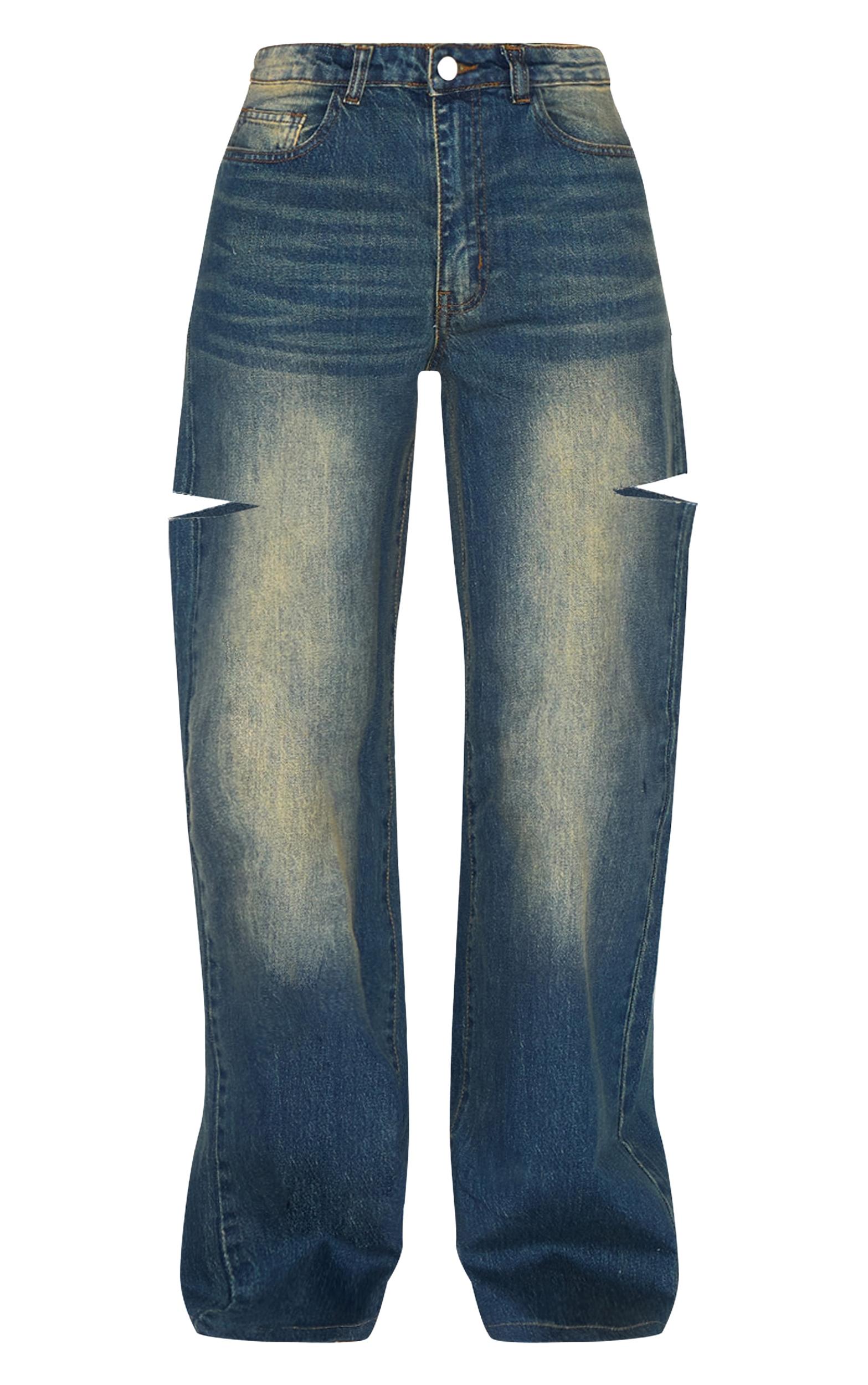 Vintage Wash Thigh Split Detail Wide Leg Jeans Product Image