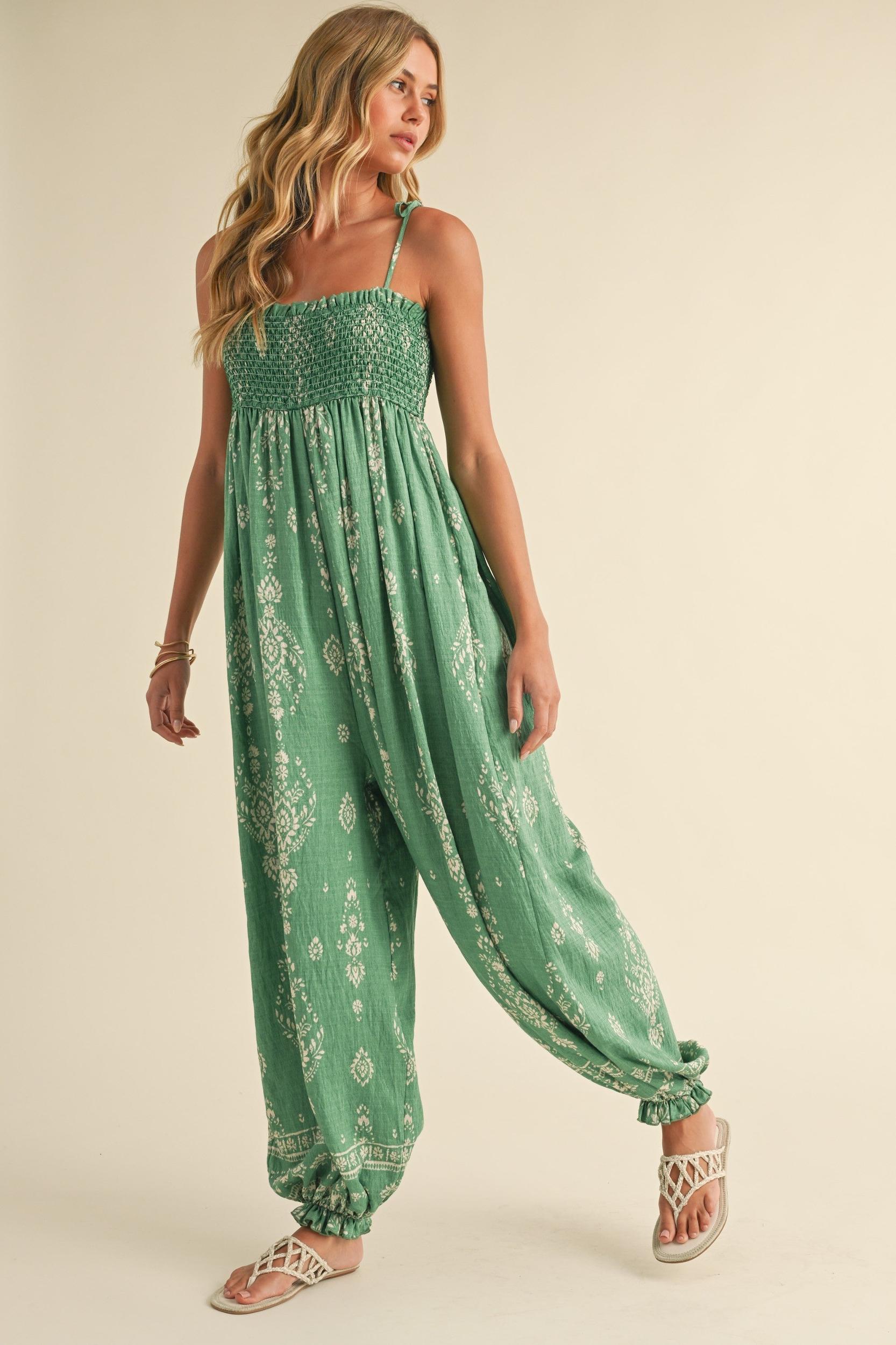 Smocked Strap Tie Wide Leg Boho Jumpsuit Product Image