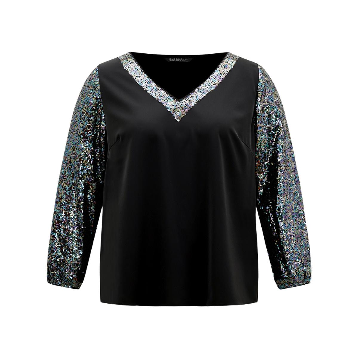 Plus Size Black Sequin Patchwork V Neck Blouse Women Glamour Long Sleeve V-neck Going out Blouses BloomChic 10/M Product Image