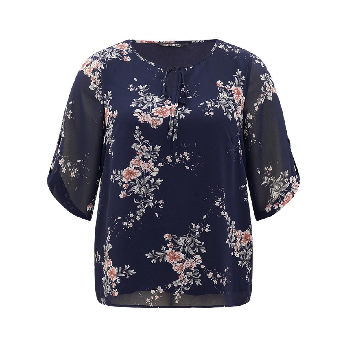 Plus Size Black Floral Print Knot Neck Mesh Tab Sleeve Blouse Women Elegant Elbow-length sleeve Tie Neck Dailywear Blouses BloomChic 10/M Product Image