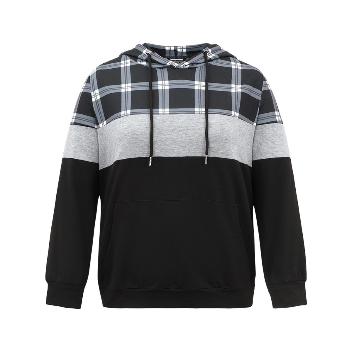 Plus Size Colorblock Contrast Plaid Kangaroo Pocket Sweatshirt Women Black Casual Contrast Hooded Dailywear Sweatshirts BloomChic 30/6X Product Image
