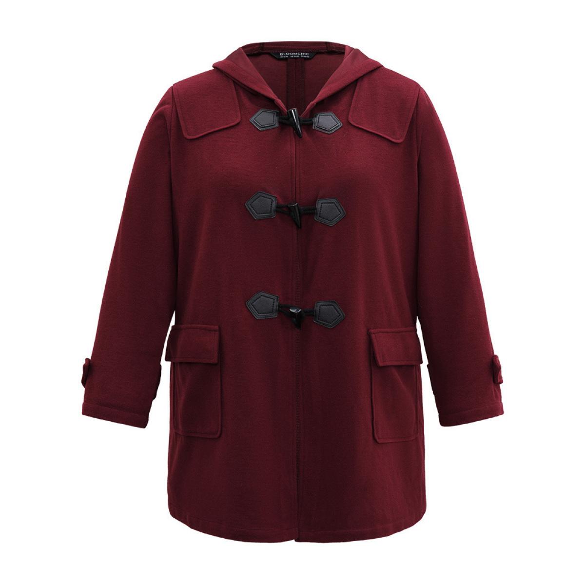 Plus Size Plain Duffle Button Pocket Hooded Coat Women Burgundy Casual Contrast Ladies Dailywear Winter Coats BloomChic 10/M Product Image