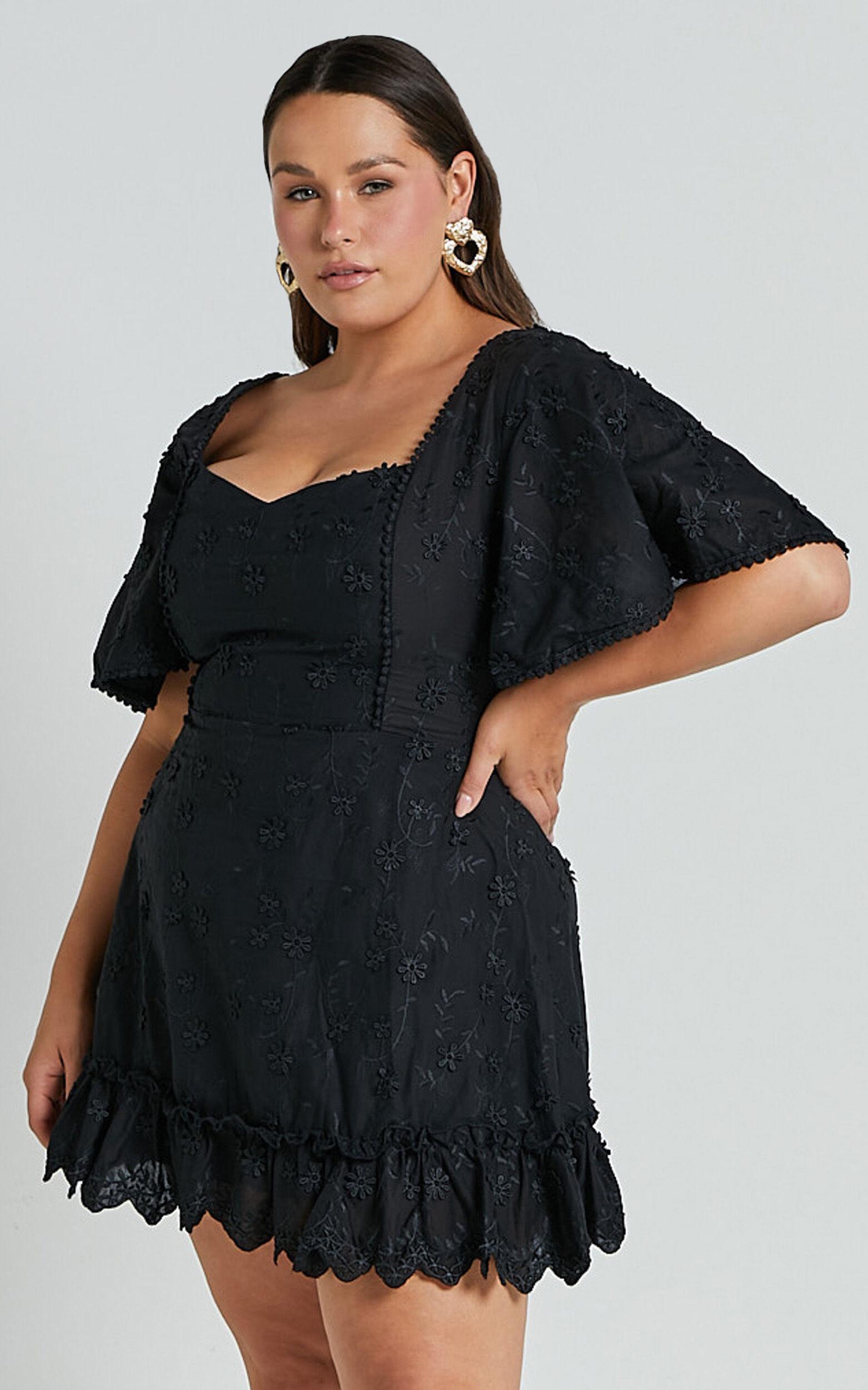 Fancy A Spritz Mini Dress - Square Neck Dress in Black Embroidery Product Image