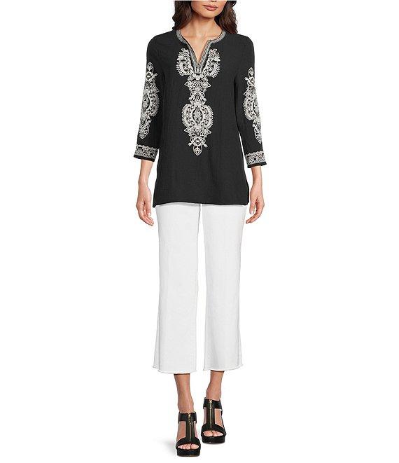 Calessa Embroidered Split V-Neck 3/4 Sleeve Tunic Product Image
