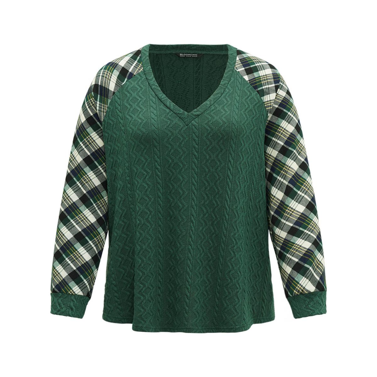Plus Size Plaid Raglan Sleeve Patchwork Texture Sweatshirt Women DarkGreen Casual Elastic cuffs V-neck Dailywear Sweatshirts BloomChic 10/M Product Image