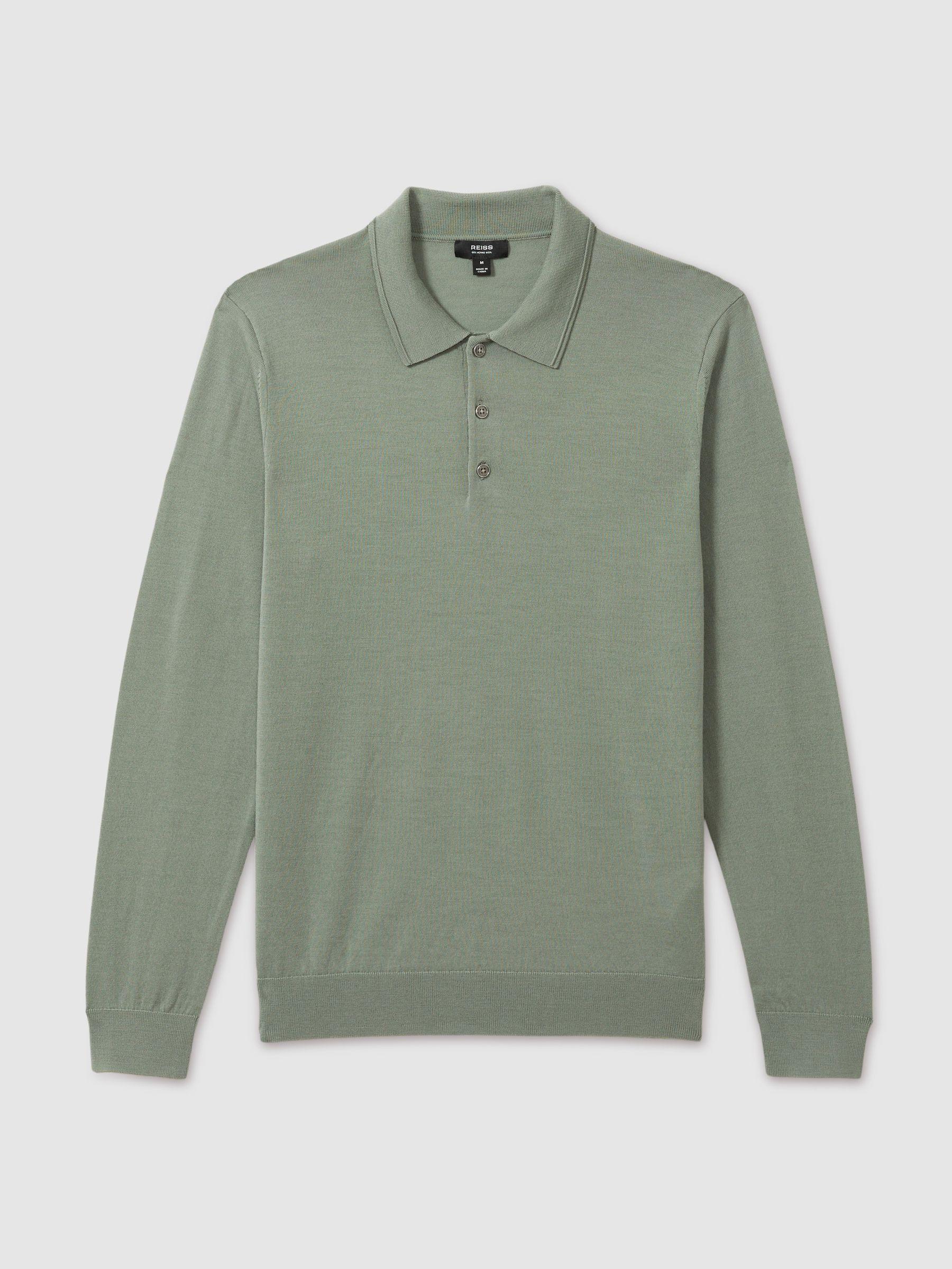 Merino Wool Long Sleeve Polo Shirt in Herb Green Product Image