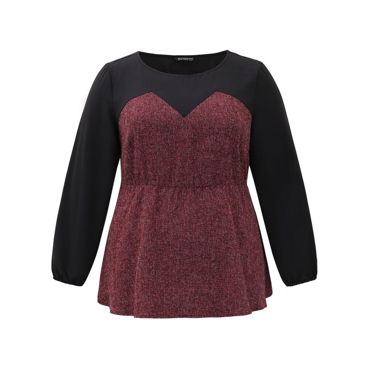 Plus Size Burgundy Contrast Patchwork Lantern Sleeve Elastic Waist Blouse Women Elegant Long Sleeve Round Neck Festival-Christmas Blouses BloomChic 18-20/2X Product Image