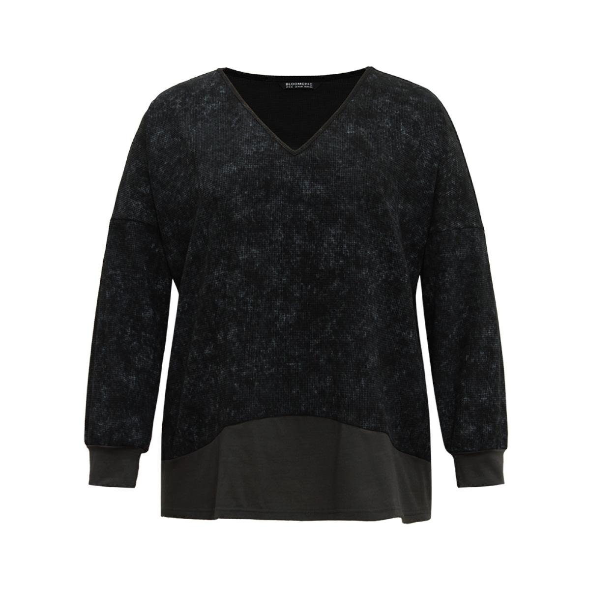 Plus Size Colorblock Waffle Knit Patchwork T-shirt DimGray Women Casual Waffle Knit Patchwork Round Neck Dailywear T-shirts BloomChic 22-24/3X Product Image