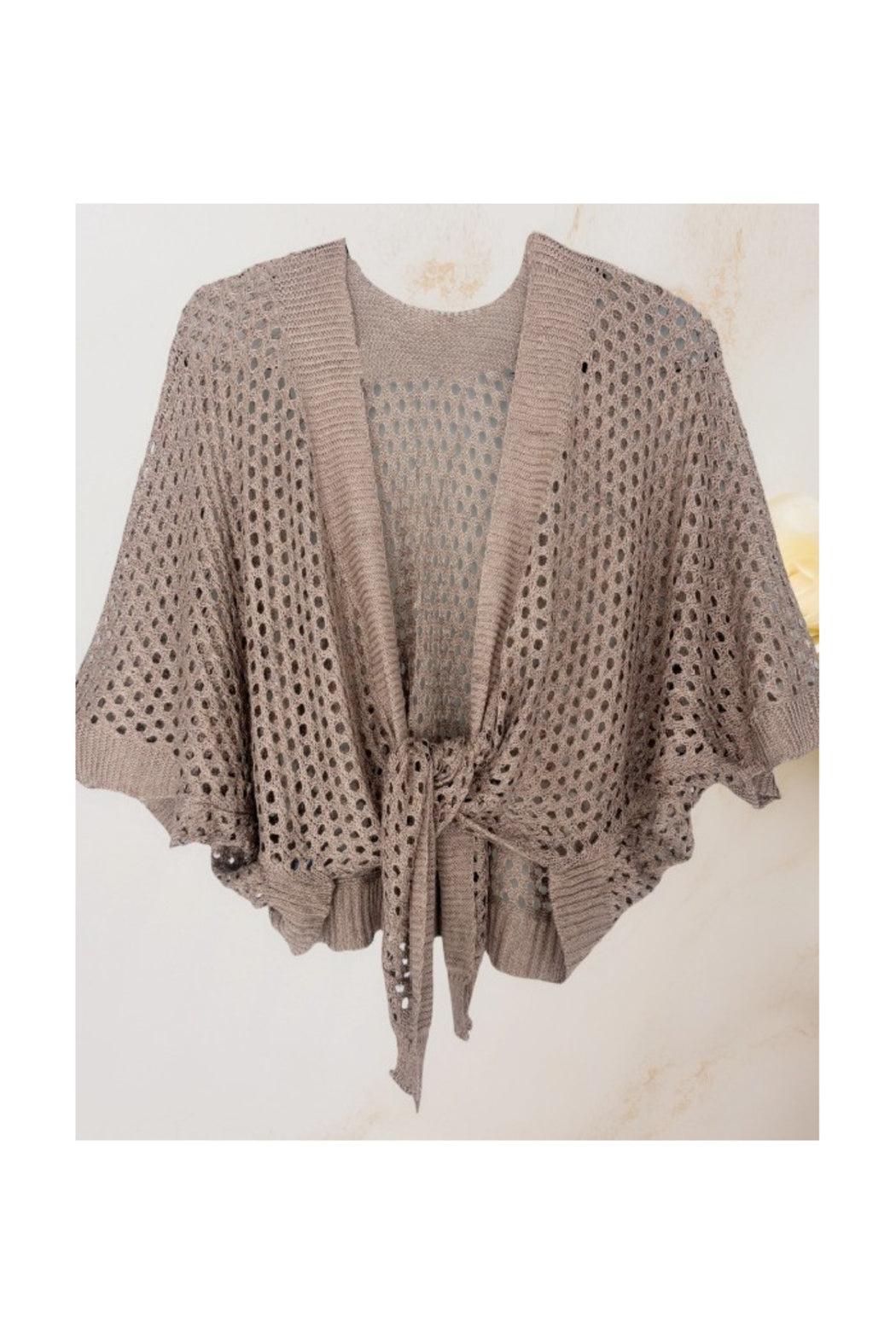 Eyelet Open-Knit Metallic Cardigan with Front Tie Product Image