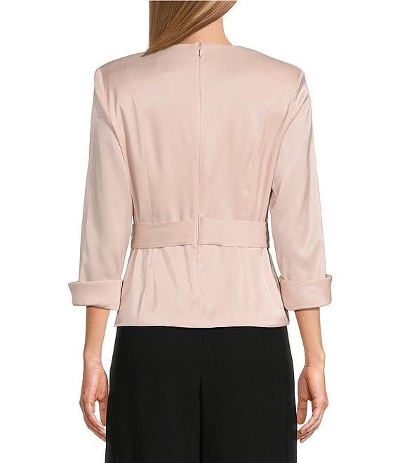 Alex Evenings Collared V Neck 3/4 Sleeve Tie Sash Wrap Blouse Product Image