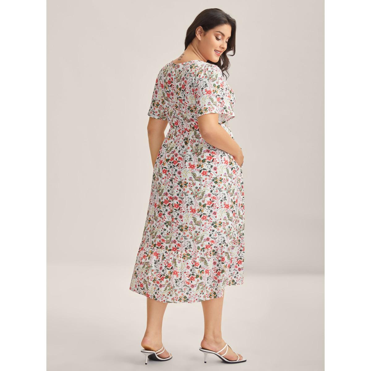 Plus Size Rayon Fruity Print Drawstring Midi Dress Blush Women Heart neckline Short sleeve Curvy BloomChic 22-24/3X Product Image