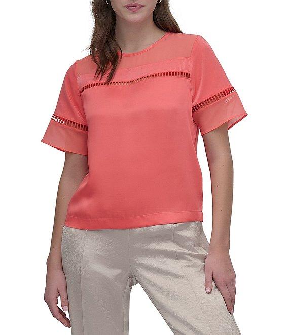 DKNY by Donna Karan Short Sleeve Ladder Lace Satin Blouse Product Image