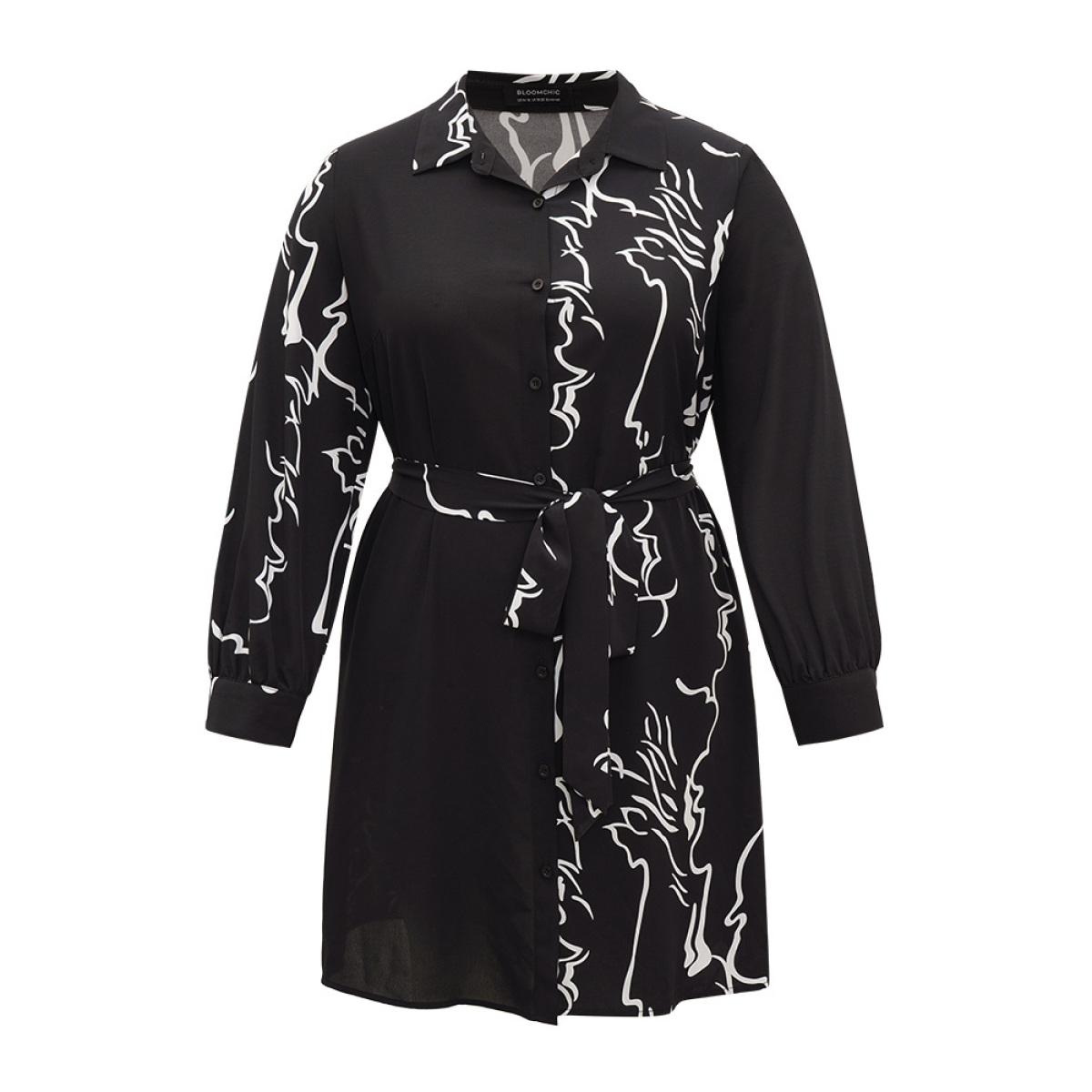 Plus Size Graphic Shirt Collar Pocket Button Through Belted Dress BlackFlower Women Office Belted Shirt collar Long Sleeve Curvy Knee Dress BloomChic 30/6X Product Image