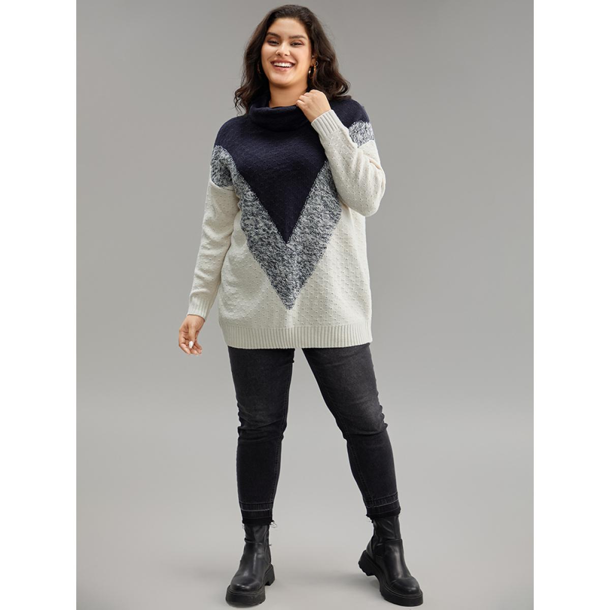 Plus Size Heather Colorblock Turtle Neck Pullover Midnight Women Casual Loose Long Sleeve Round Neck Dailywear Pullovers BloomChic 22-24/3X Product Image