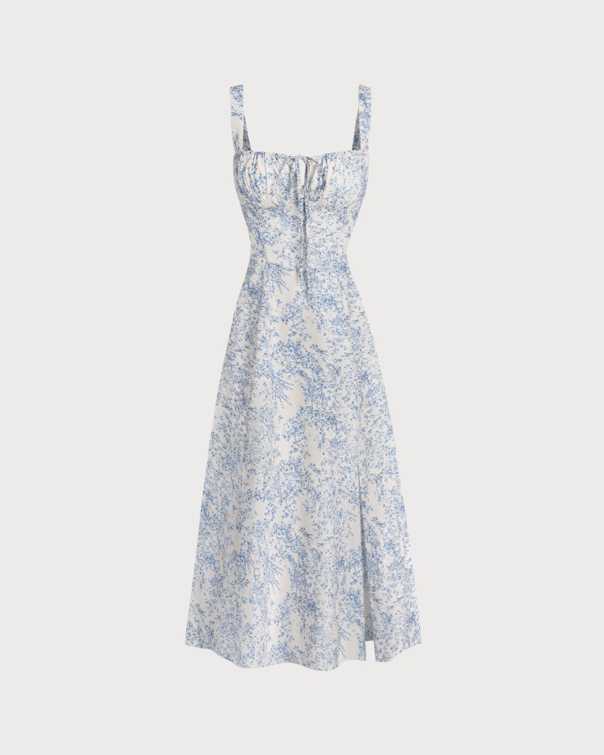 Blue Floral Ruched Slip Midi Dress Product Image