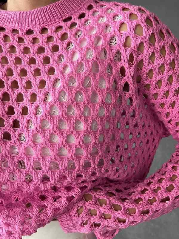 Knit Loose Cutout Crop Long Sleeve Tee Product Image