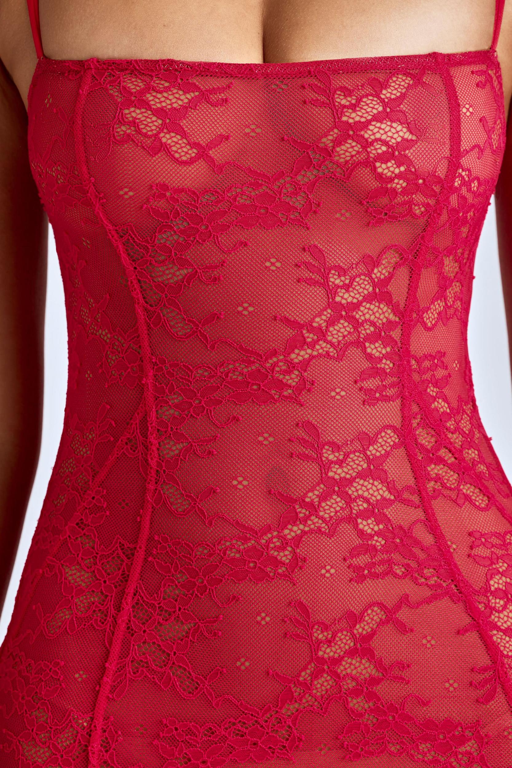 Sheer Lace Fishtail Gown in Cherry Red Product Image