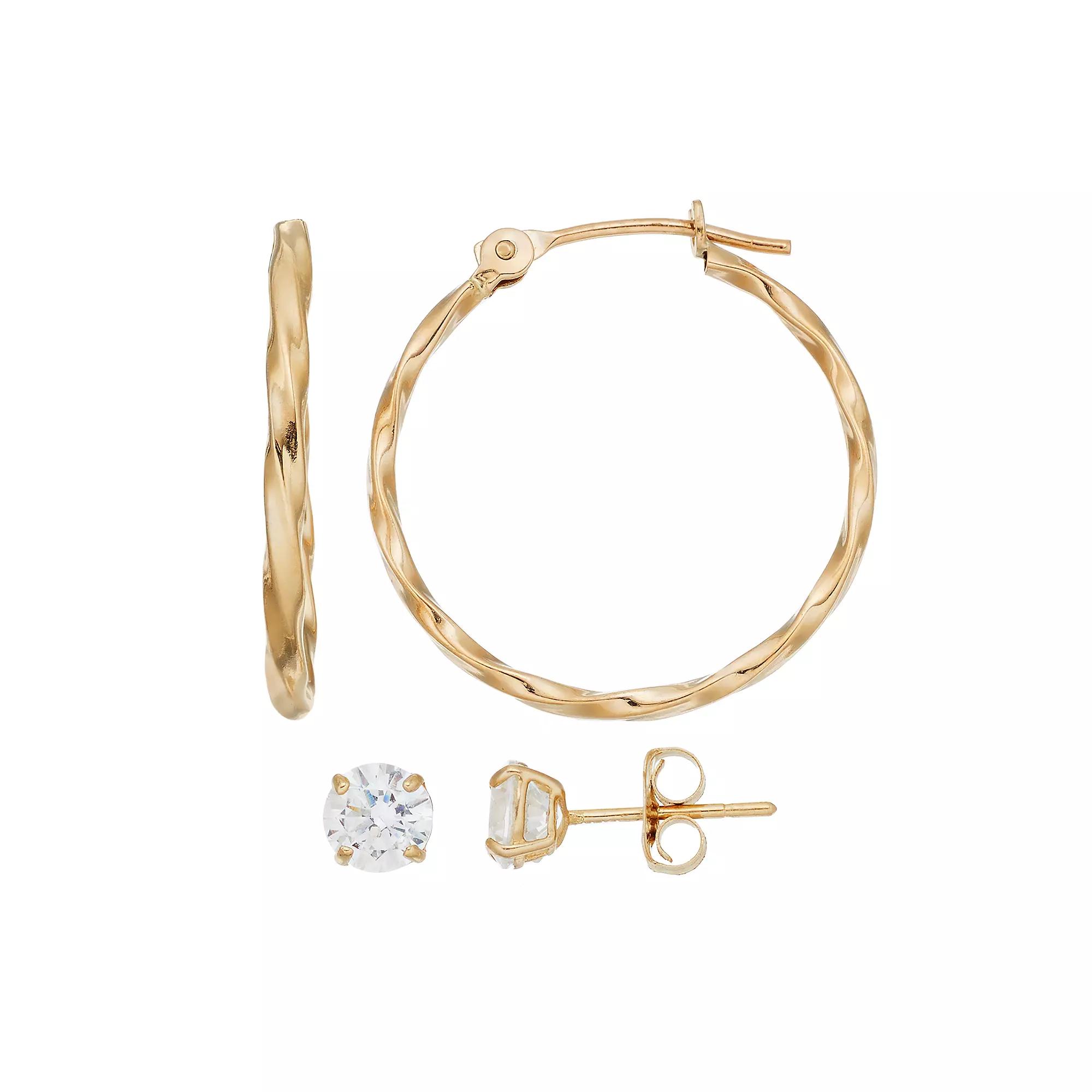 Forever 14K Textured Hoop & Cubic Zirconia Stud Earring Set, Women's, 14k Gold Product Image